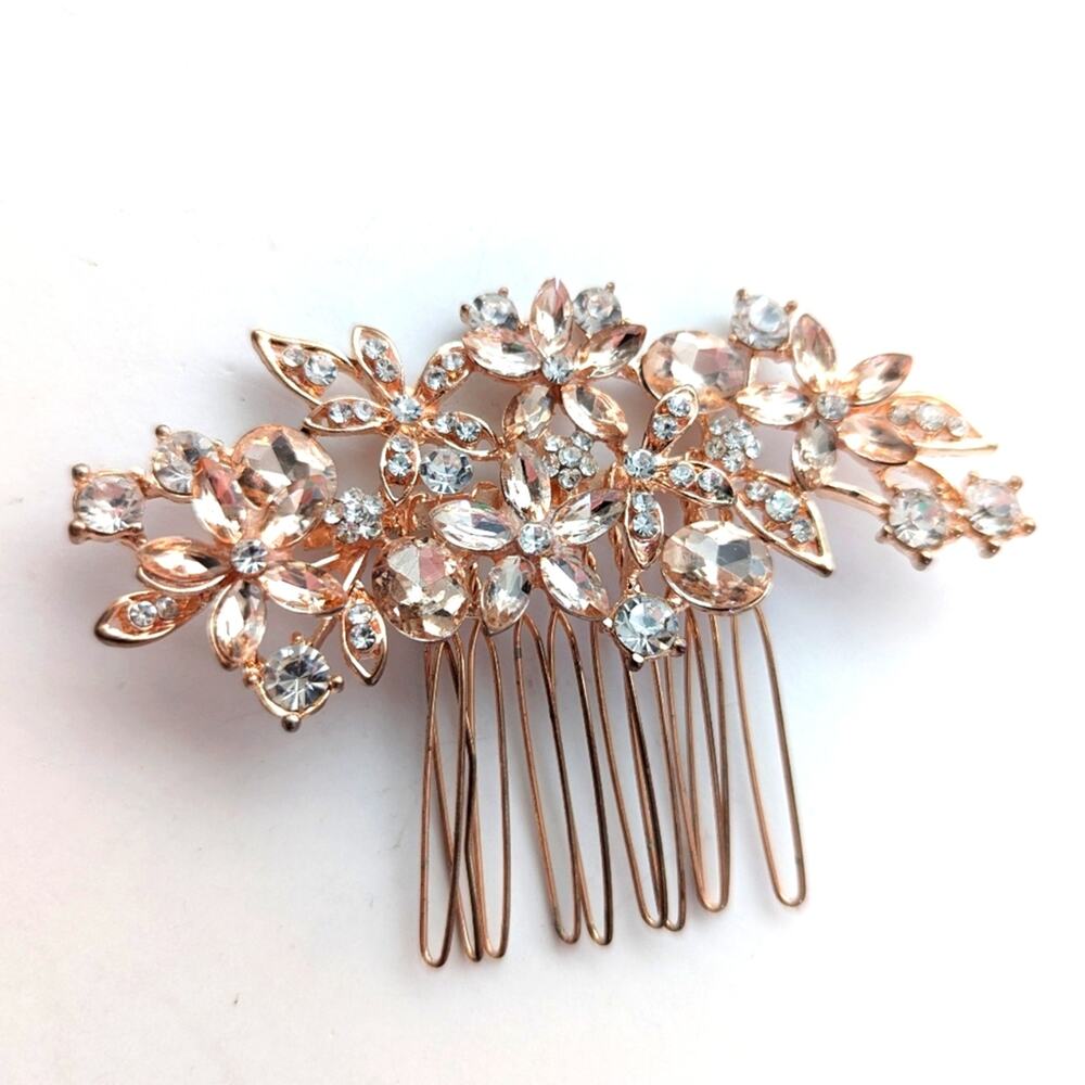 Stunning Rose Gold Bridal Event Glass Rhinestone Crystal Hair Clip Comb